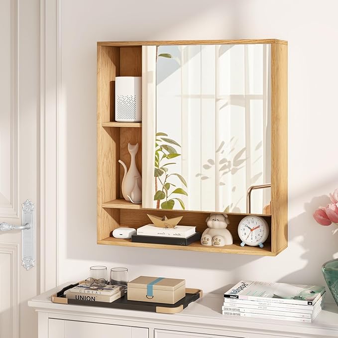 Giantex Bathroom Medicine Cabinet with Mirror, Wall Mounted Medicine Cabinet w/Single Door, 3 Open Shelves & Adjustable Shelf, Space-Saving Hanging Storage Cabinet for Living Room, Hallway (Natural)