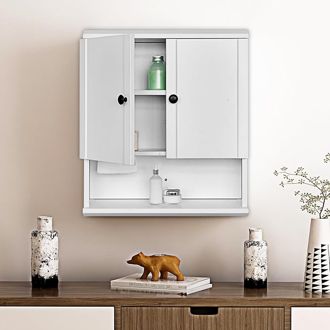 Fundin White Bathroom Wall Metal Cabinet with Hidden Tissue Slot & Adjustable Shelves, Over The Toilet Storage Cabinet for Bathroom Laundry Room