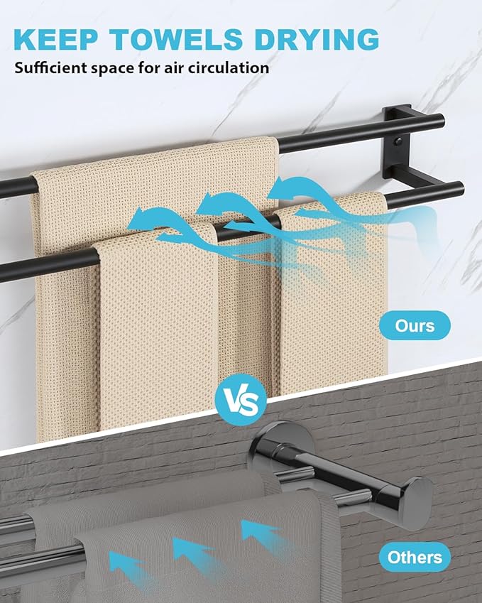 Alise Bathroom Double Towel Bar, 32 Inch Wall Mount Towel Holder, Towel Racks for Bathroom, SUS304 Stainless Steel Towel Hanger, Thickened Pipe with Strong Load-Bearing Capacity, Matte Black