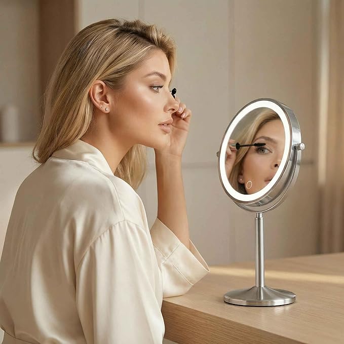 Fancii 9-Inch Lighted Makeup Mirror Height Adjustable with 10X /1X Magnification - Rechargeable, Double Sided LED Vanity Mirror with Light and Stand, 360° Swivel