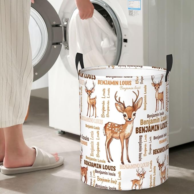 ZOE DAVISON Custom Deer Laundry Baskets, Personalized Deer Gifts with Customized Name, Collapsible Laundry Hamper for Kids Adults Home Decoration,16.5 X 13.8in