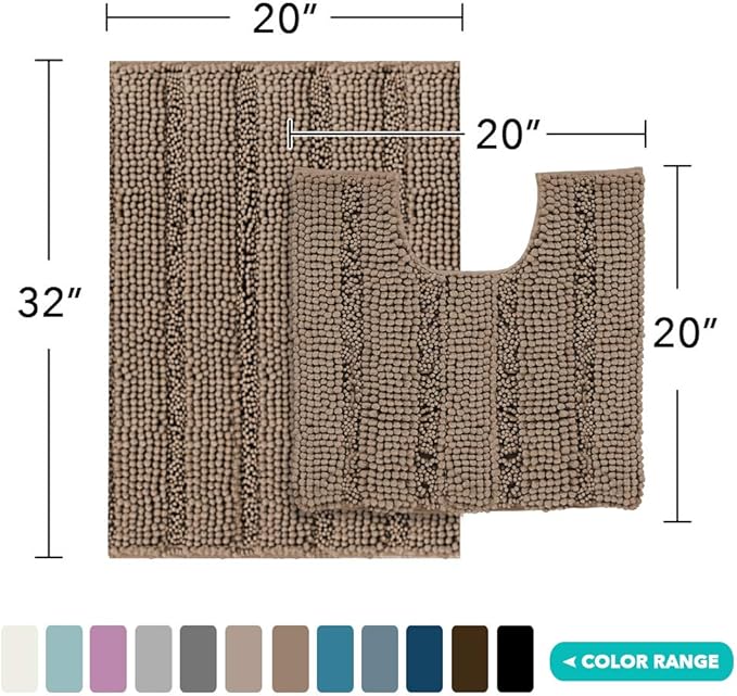 Turquoize Chenille Bathroom Rugs Set Non-Slip Bath Mats for Bathroom Super Absorbent Shaggy Rugs for Tub Shower Toilet Bath Rug Plus U Contour Rug (Standard: 20" x 32" and 20" x 20" U), Taupe Brown