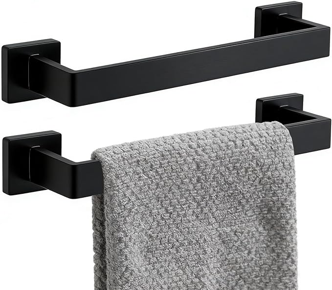 2 Packs 12 Inch Bathroom Towel Bar SUS304 Stainless Steel Matte Black Towel Holder Wall Mounted Heavy Duty Towel Rack Bathroom Towel Rod Modern Square Base Design(2, Matte Black, 12 Inch)