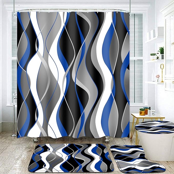 Nkzply 4 Pcs Blue Shower Curtain Black Bathroom Sets with Shower Curtain and Rugs Grey Modern Striped Shower Curtain Set White Bathroom Rugs Set Bathroom Decor Toilet Lid Cover Hooks