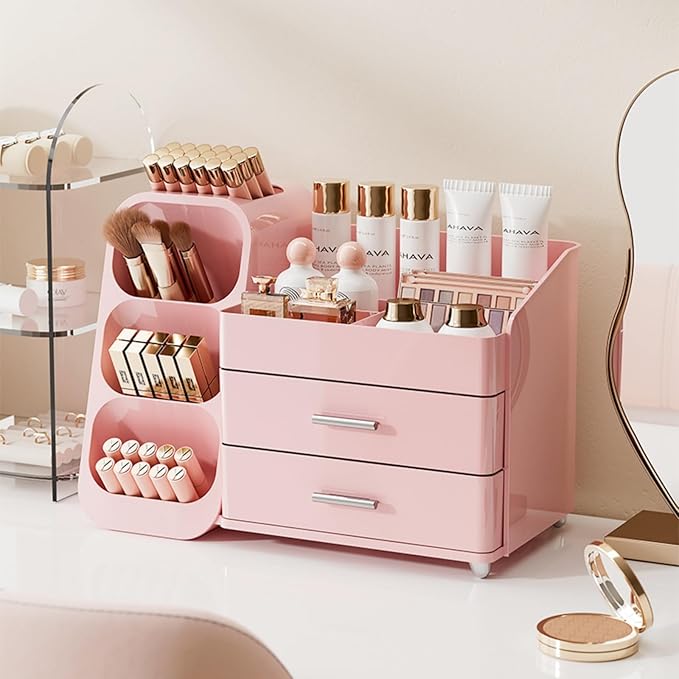 Makeup Organizer for Vanity, Large Capacity Cosmetic Display Case with Drawers, Countertop Beauty Storage Holder for Skincare, Brush Eyeliner Perfume Eyeshadow Lipsticks, Counter Desk, Pink