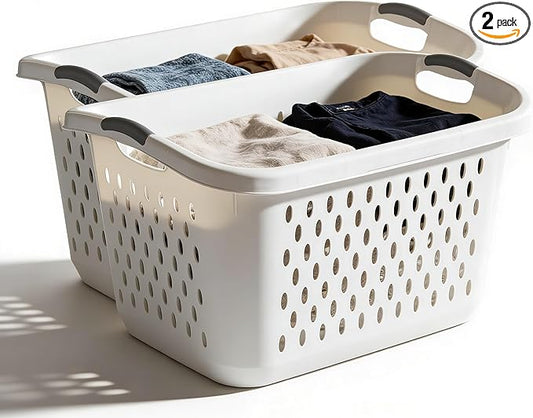 2 Pack 2.7 Bushel Extra Large Plastic Laundry Basket with Sturdy Carry Handles, Portable Laundry Hamper for Laundry Room, Dorm, Bedroom, Bathroom & Closet Organization, White