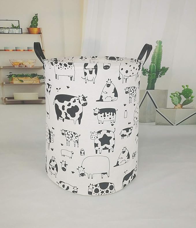 KUNRO Round Laundry Gift Basket Storage Hamper, Clothes Storage Organizer Bins, Shelf Basket with Handles for Room Decor (Cow)