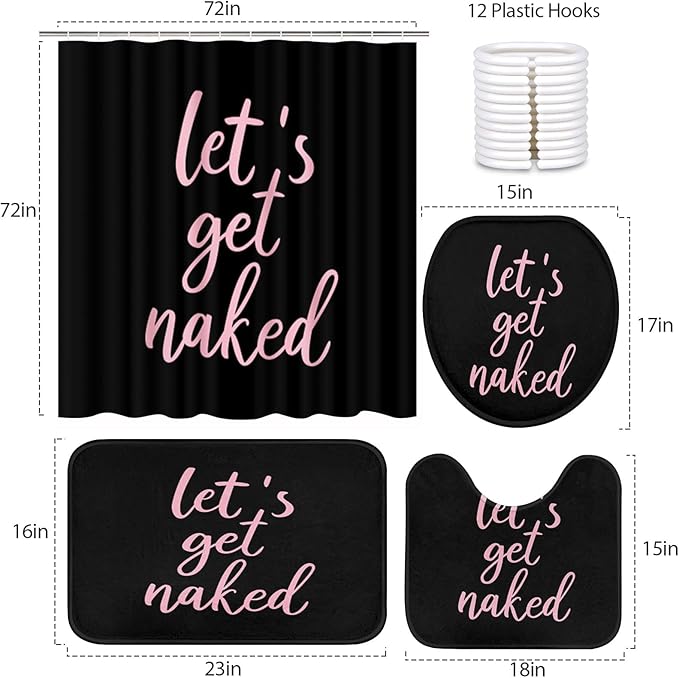 ArtSocket 4PC Pink Let's Get Naked Shower Curtain Sets Black Bathroom Decor with Rugs, Non-Slip Rug,Toilet Lid Cover, Bath Mat and 12 Hooks 72x72 inches