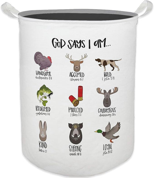 God Says I Am Hunting Nursery Laundry Basket, Toybox for Boys Girls Room, Christian Laundry Basket Hamper Waterproof Collapsible Clothes Toys Storage Bin Organizer for Bedroom Bathroom Kids Room