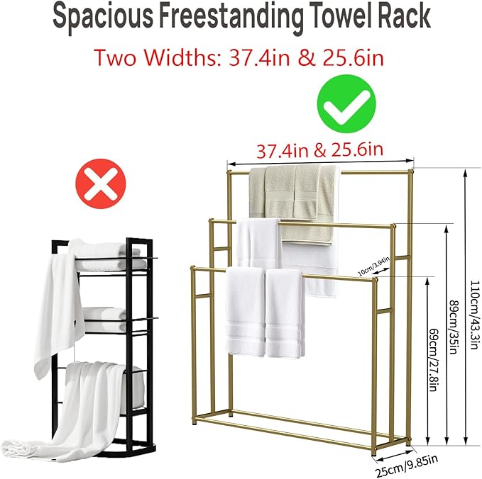3 Tier Standing Towel Rack - Extra Wide Large Bathroom Towel Stand, Heavy-Duty Metal Towel Drying Rack for Poolside (Matte Gold, 37.4” Wide)