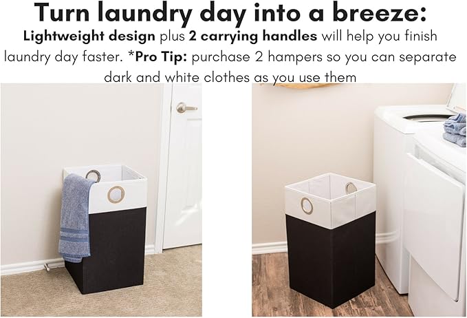 BirdRock Home Folding Cloth Laundry Hamper with Handles | Dirty Clothes Sorter | Easy Storage | Collapsible | Black and White