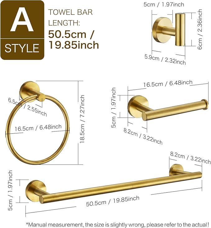 Bathroom Hardware Accessories Set Adjustable Brushed Gold Towel Bar Set 18in Stainless Steel Wall-Mounted Round 4-Piece Bath Towel Bar Set