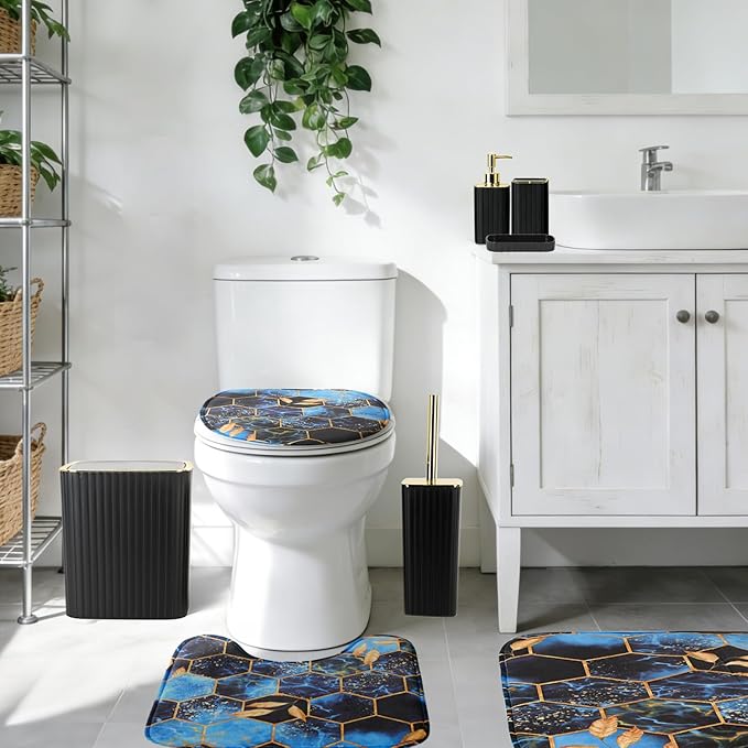 Bathroom Accessory Set with Blue Shower Curtain and Rugs 24Pcs, Black Bathroom Set - Trash Can, Soap Dispenser, Soap Dish, Toilet Brush, Toothbrush Holder, Toothbrush Cup, Toilet Lid Cover