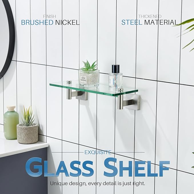 KOKOSIRI 12-Inch Bathroom Shelves Glass Floating Shelf Toilet Roll Holder Toilet Paper Holder Stainless Steel Brushed Nickel B1105BR-L12+B2005BR