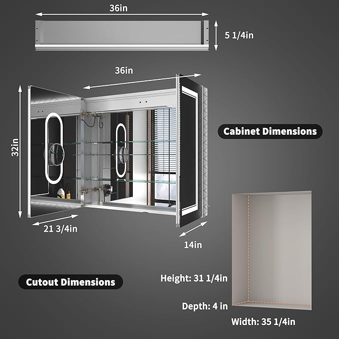 ExBrite 36 x 32 LED Lighted Medicine Cabinet with Mirror, Front & Backlit, Night Light, Clock & Temperature Display, Defog, 5X Magnifier, 3-Color Dimmable LED, Surface or Recessed Mount