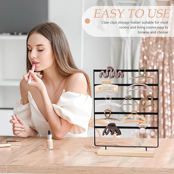SNOWSTAR Hair Claw Clip Holder Organizer - 5 Tier Iron Rod Hair Clip Holder Storage for Women Girls, Wood Base Desktop Organizer