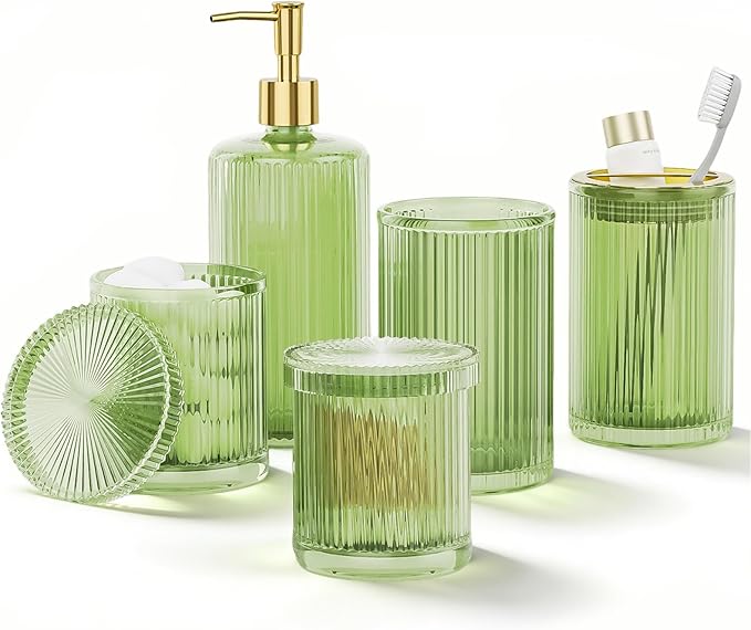 BSSN 5-Piece Green Glass Bathroom Accessories Set - Vintage Ribbed Thick Glass - Includes Soap Dispenser, Toothbrush Holder, Tumbler, 2 Q-tip Jars - Retro Bathroom Counter Organizer & Decor