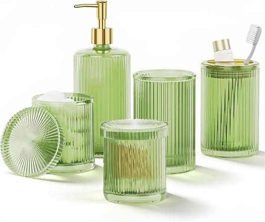 BSSN 5-Piece Green Glass Bathroom Accessories Set - Vintage Ribbed Thick Glass - Includes Soap Dispenser, Toothbrush Holder, Tumbler, 2 Q-tip Jars - Retro Bathroom Counter Organizer & Decor