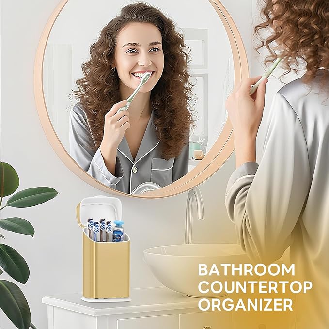 GFWARE Toothbrush Holder with Cover - 5 Slots Toothbrush Holders for bathrooms, Detachable Bathroom Caddy Organizers and Storage Kids Tooth Brush and Toothpaste Holde, Gold