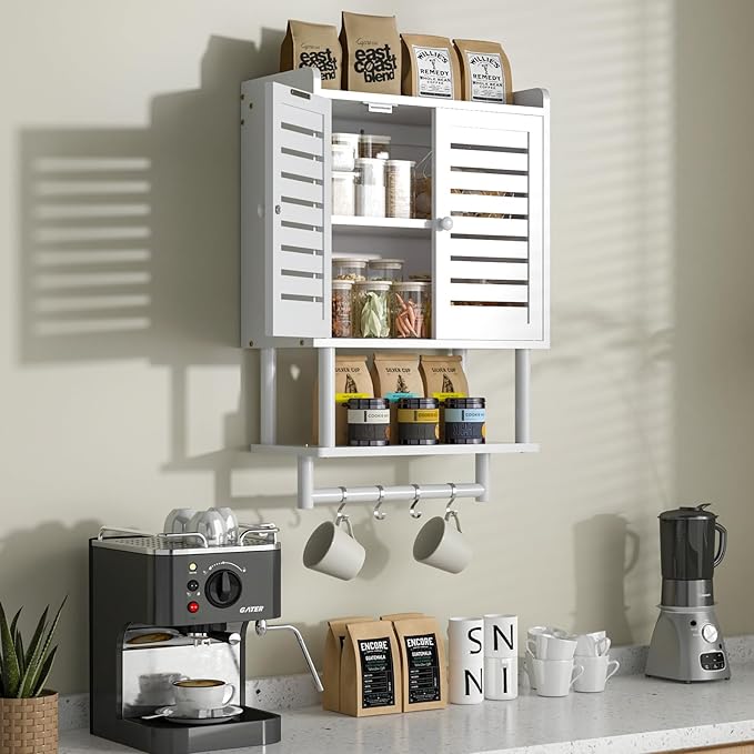 Bathroom Wall Cabinet, Over The Toilet Storage Cabinet with Adjustable Shelves, White Medicine Cabinets with Towel Bar, Bamboo Wall Mounted Hanging Cabinet with 2 Door for Laundry Room, White