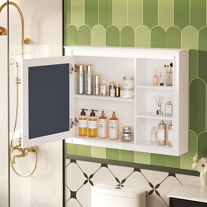 Merax Bathroom Medicine Cabinet with Mirror, 36" x 28" Wall Mounted Medicine Cabinet with Single Door and Shelves, Over The Toilet Mirrored Bathroom Storage Wall Cabinet