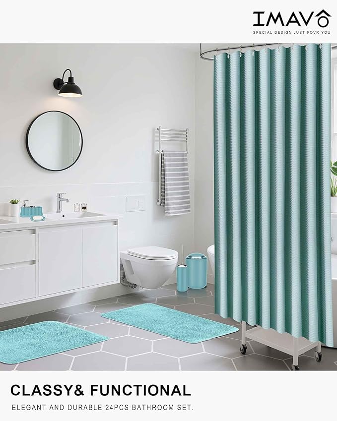 IMAVO Blue Bathroom Accessories,Non Slip Absorbent Bathroom Rugs and Waterproof Shower Curtain with Hooks,Complete Bathroom Set for Bathroom Décor