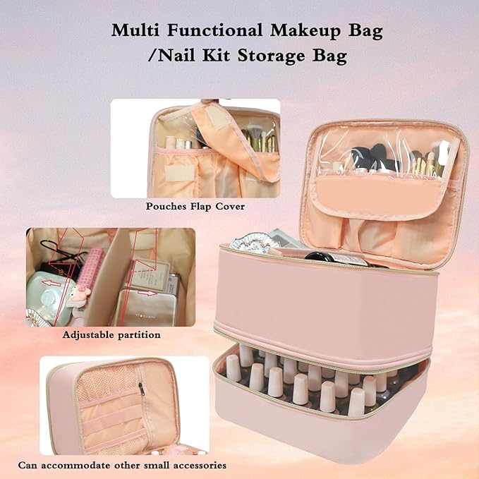 Nail Polish Organizer Case, Double-Layer Nail Supplies Organizer Holds 30 Bottles & Nail Lamp, Professional Nail Kit Storage Makeup Carrying Case (Pink)