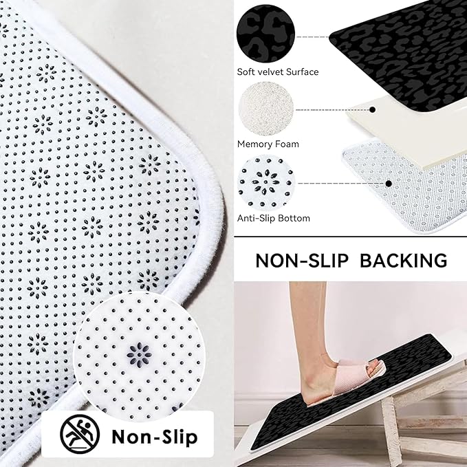 4 PCS Leopard Shower Curtain Cheetah Print Shower Curtain Sets Non Slip Bathroom Rugs Soft Plush Bath Mat Toilet Lid Cover Animal Print Shower Curtain with 12 Hooks for Bathroom Tub, Black