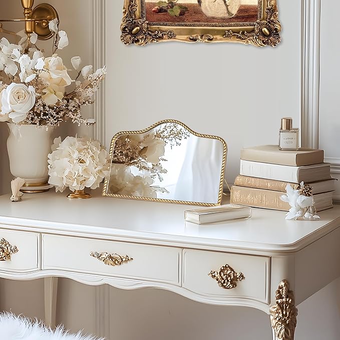 Vintage Desk Makeup Mirror, 7.8" L x 11.9" W Antique Gold Vanity Table Mirror, Metal Framed Scalloped Small Standing Mirrors with Beaded, 360 Adjustable Rotation for Tabletop, Bedroom