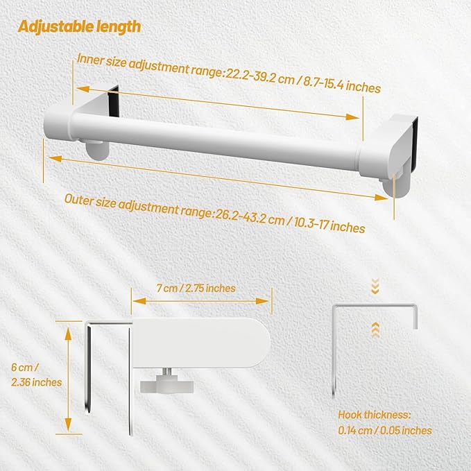 VEHHE Hand Screwed Telescopic Over Cabinet Door Towel Rack, Adjustable Length and Width Dish Towel Holder, Kitchen Towel Rack with EVA Foam Pad (White)