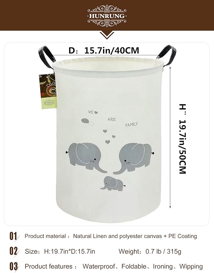 HUNRUNG Laundry Hamper,Large Canvas Fabric Lightweight Storage Basket Toy Organizer Dirty Clothes Collapsible Waterproof for College Dorms, Children Bedroom,Bathroom???Round-Family Elephants???