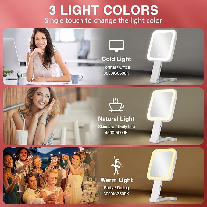 DECLUTTR Travel Makeup Mirror with Lights, Rechargeable 15X/1X Double-Sided Magnifying Mirror with 3 Color Lights, Brightness Adjustable, Portable Handheld Mirror Tabletop, Gift for Women