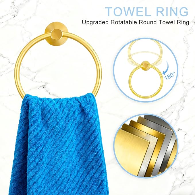 Bathroom Hand Towel Ring Gold Brushed Gold Towel Ring Toilet Paper Holder Wall Mount Brushed Gold Toilet Paper Holder SUS304 Stainless Steel 2pc (2, 2-Black)