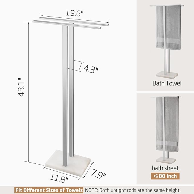 KES 43'' H Standing Towel Rack for Bathroom, Free Standing Towel Rack Floor with Weighted Marble Base 2-Tier, Outdoor Towel Racks Extra High Thick 18/8 Stainless Steel Brushed Finish, BTH232-2