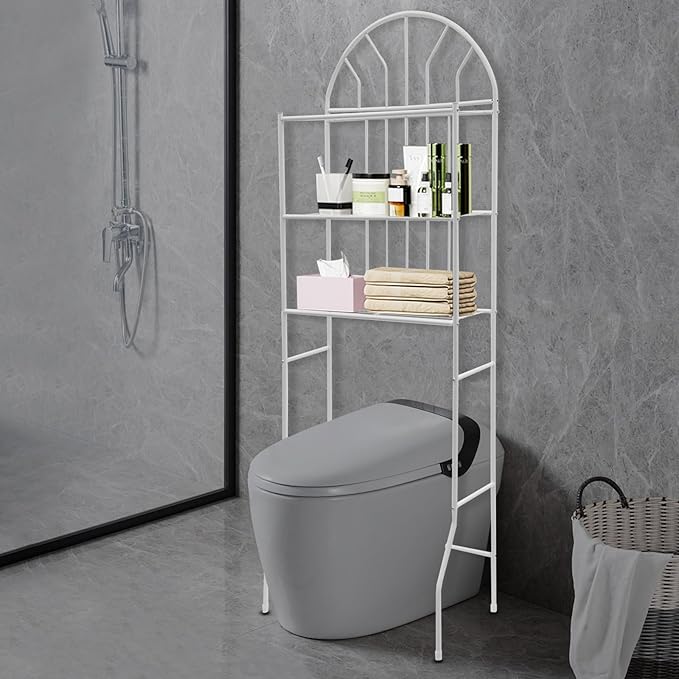 3-Tier Over The Toilet Rack, Bathroom Storage Shelf Organizer with Freestanding Metal Frame, Space-Saving for Toiletries and Essentials, White Bathroom Rack with Open Design for Toilet or Laundry Area
