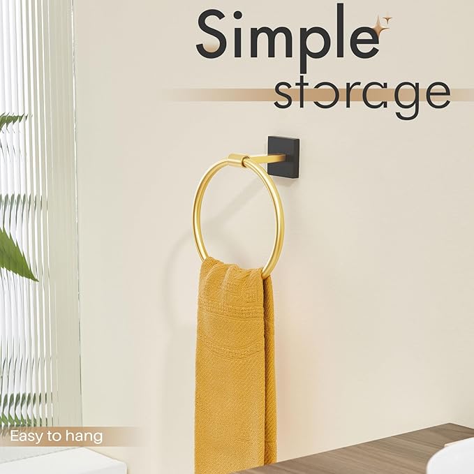 KOKOSIRI Hand Towel Holder Wall Mounted Towel Ring Bathroom Accessories Shower Towel Hanger Rack Stainless Steel Black with Gold, B3010GDK