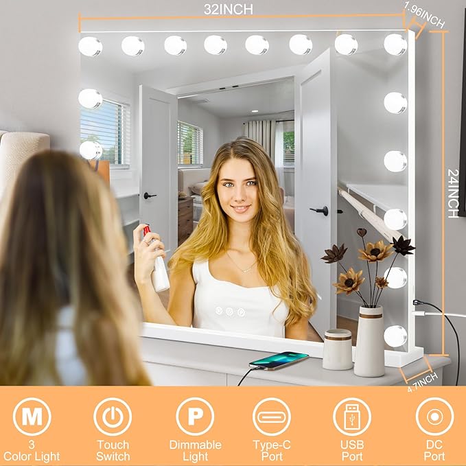 Moonee Hollywood Vanity Mirror with Lights,Makeup Mirror with 18 Dimmable Bulbs and 10X Magnification,3 Colors Modes,Aluminum Metal Frame,USB Charging Port（32" x 24"）