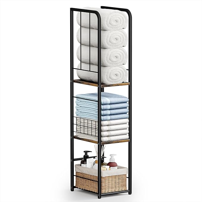 KIMBORA Narrow Towel Storage for Bathroom, 3-Tier Free Standing Bathroom Towel Rack Organizer with Shelf for Small Bath, Pool, Brown