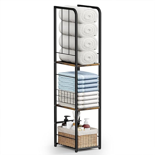 KIMBORA Narrow Towel Storage for Bathroom, 3-Tier Free Standing Bathroom Towel Rack Organizer with Shelf for Small Bath, Pool, Brown