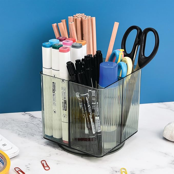 Trio Essentials Square Rotating 4 Compartment Cosmetic & Beauty Organizer, Brush Holder, Makeup, Jewelry, Office Desk Accessories, Cutlery, Vanity Holder, Art Supplies, Household Organization (1 Pack)