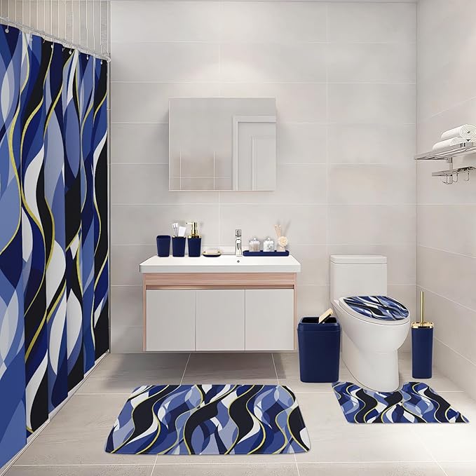 XLHOMO Bathroom Set - Blue and Gold Bathroom Accessories, Bathroom Sets with Shower Curtain and Rugs, Navy Blue Shower Curtain Set with Bathroom Trash Can, Soap Dispenser, Soap Dish for Home Decor