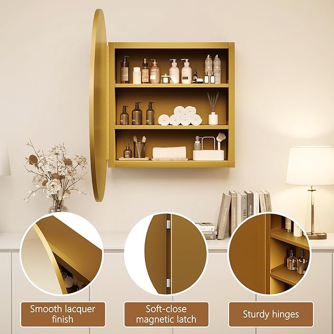 Medicine Cabinet Mirror, Wall Mounted Bathroom Vanity with Mirror, 23.2" Round Bathroom Medicine Cabinet with Storage Function, Removable Shelves, Metal, NO Assembly, Gold