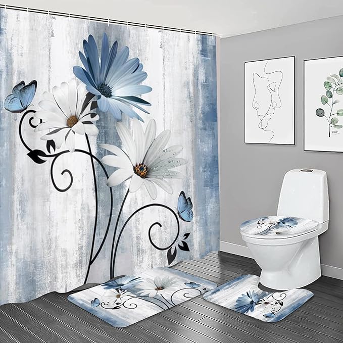 NBVKO 4PCS Rustic Blue Flower Farmhouse Shower Curtain Set,Waterproof Blue Daisy Floral Bathroom Decor Accessory Set