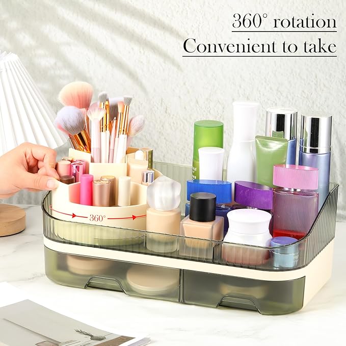 Makeup Organizer for Vanity, Make up Organizer Countertop with Rotating Makeup Brush Holder Cosmetic Display Case with Drawers Bathroom Storage Holder for Lipstick Brush Beauty Skincare