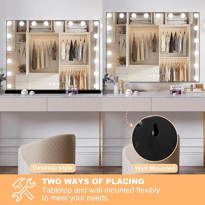 Moonee Black Vanity Mirror with Lights, Hollywood Lighted Makeup Mirror with 18 Dimmable Bulbs and 10X Magnification, 3 Colors Modes, Aluminum Metal Frame, Light Up Mirror for Tabletop/Wall（32" x 24"）