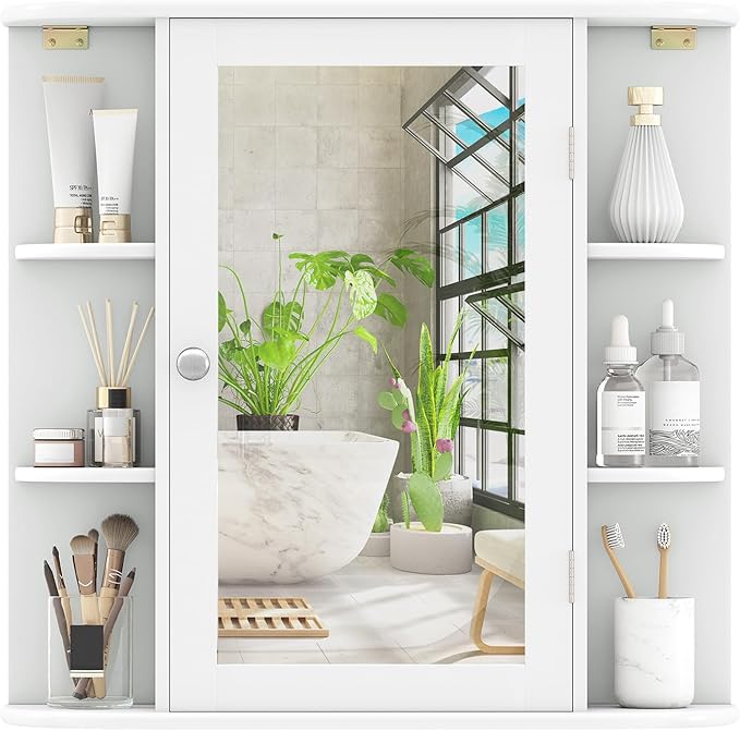 COSTWAY Medicine Cabinet with Mirror, Wall Mounted Bathroom Storage Cabinet with Mirror Door and Adjustable Shelves, Space-Saving Storage Organizer for Living Room Kitchen Entryway (White)