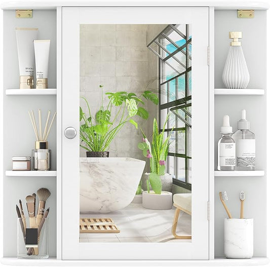 COSTWAY Medicine Cabinet with Mirror, Wall Mounted Bathroom Storage Cabinet with Mirror Door and Adjustable Shelves, Space-Saving Storage Organizer for Living Room Kitchen Entryway (White)