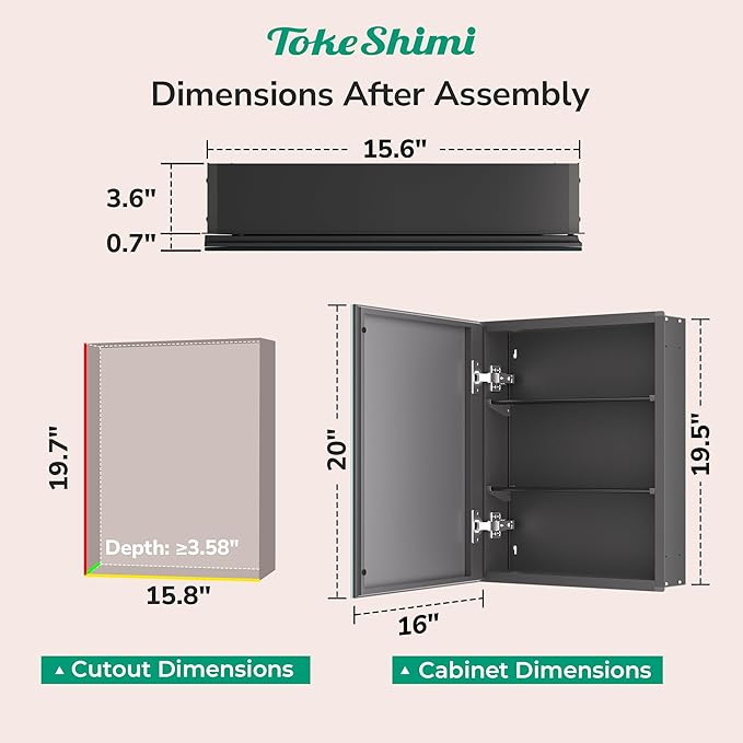 TokeShimi 16 x 20 Surface Mount Medicine Cabinet Aluminum, Tempered Frameless Bathroom Mirror with Storage Adjustable, Black Recessed Medicine Cabinet with Mirrored for Bathroom Farmhouse