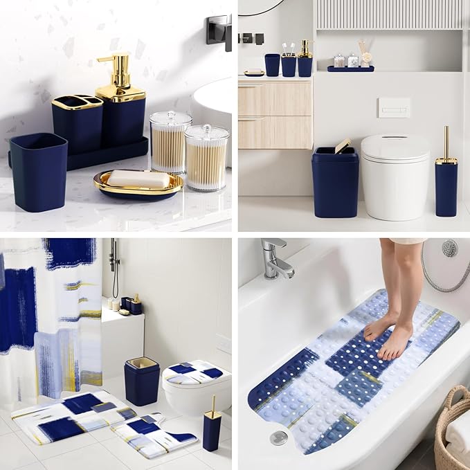XLHOMO Bathroom Accessories Set - 26PCS Navy Blue Bathroom Set, Bathroom Accessory Set with Shower Curtain and Rugs and Bathtub Mats for Home