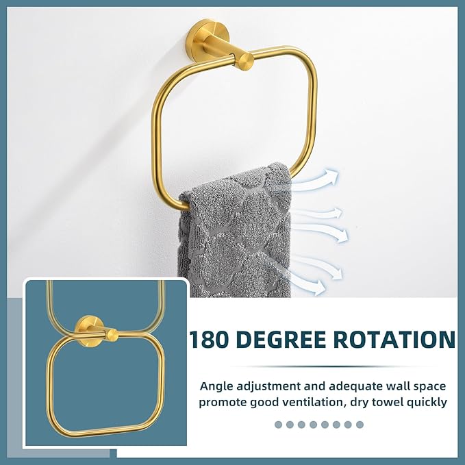 APLusee Square Towel Ring Brushed Gold, 304 Stainless Steel Hand Towel Holder for Bath Kitchen, Wall Mounted